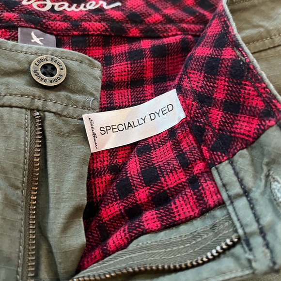 Eddie Bauer lined Olive Chinos with Red Plaid flannel lining - Picture 5 of 15
